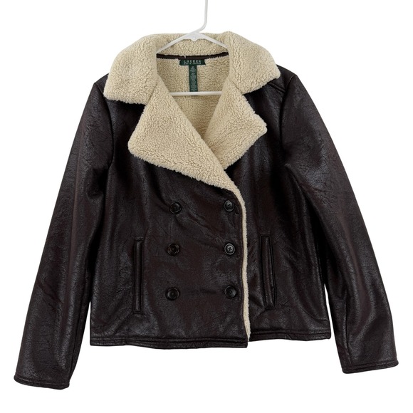 Lauren Ralph Lauren Jackets & Blazers - Lauren Ralph Lauren Coat Womens Medium Brown Faux Leather Shearling‎ Pea Coat
